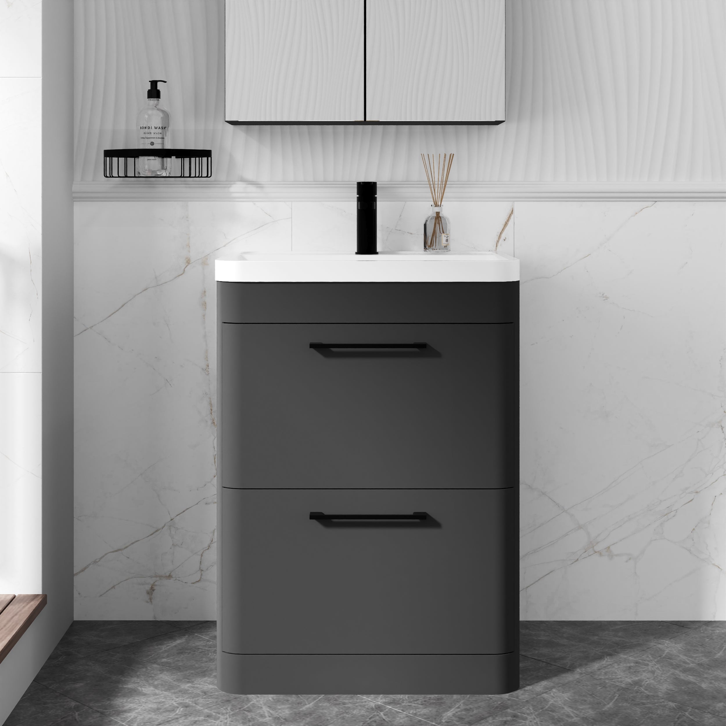Stolthed 600 mm etage Stående 2 skuffe forfængelighed og polymarble bassin - blød sort - Image 2
