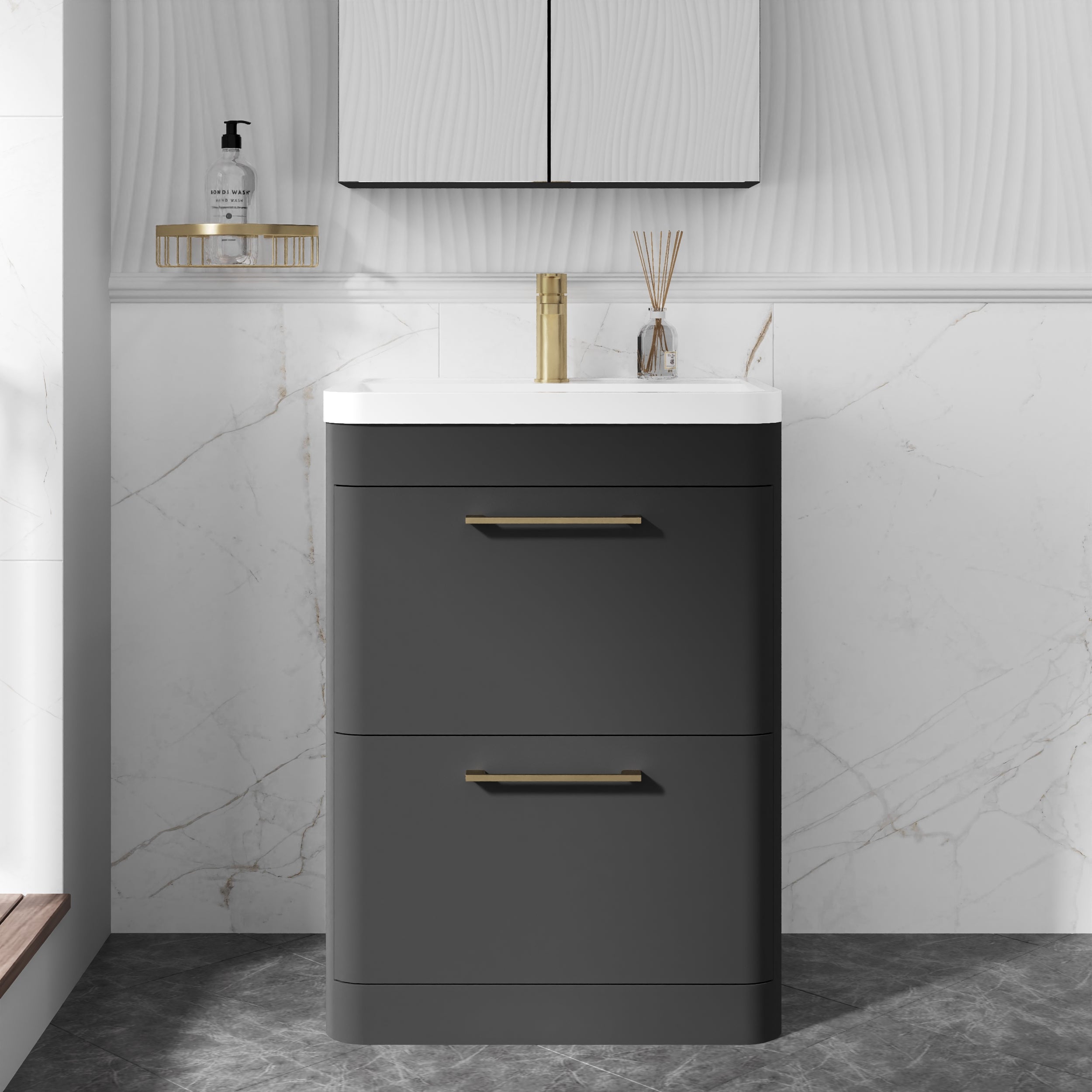 Stolthed 600 mm etage Stående 2 skuffe forfængelighed og polymarble bassin - blød sort - Image 3